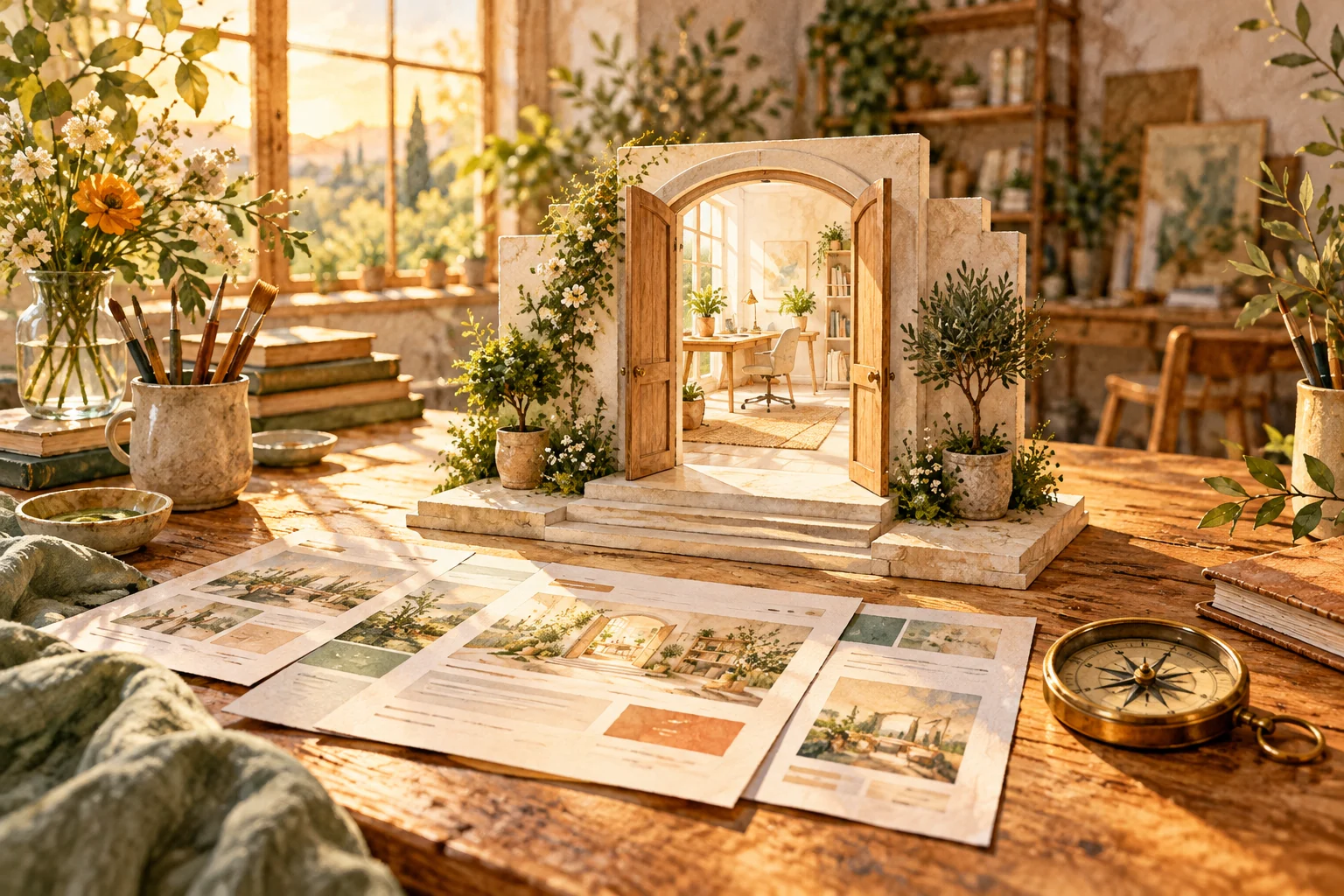 Watercolor illustration: a crafted architectural model of an open studio doorway on a sunlit worktable, with carefully arranged homepage layout panels and a brass compass: a clearer starting point directed by people.