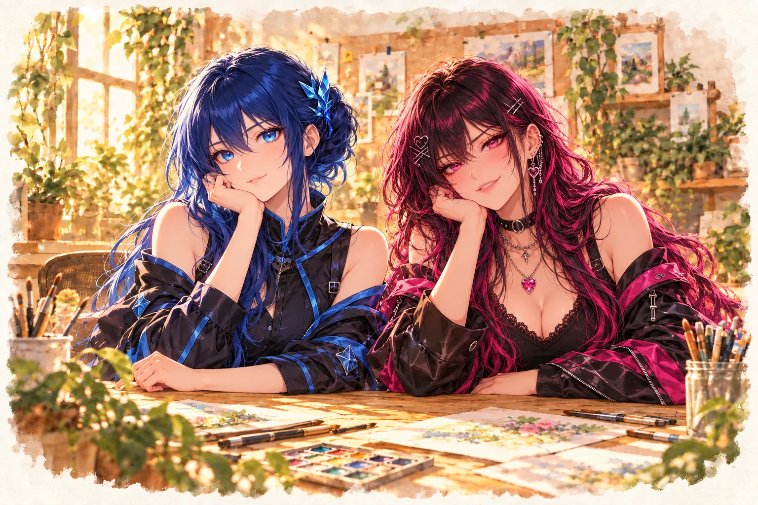 Reina, with blue hair and a crystalline hair accessory, and Naomi, with dark pink-highlighted hair and heart jewelry, seated together at a shared sunlit studio table.