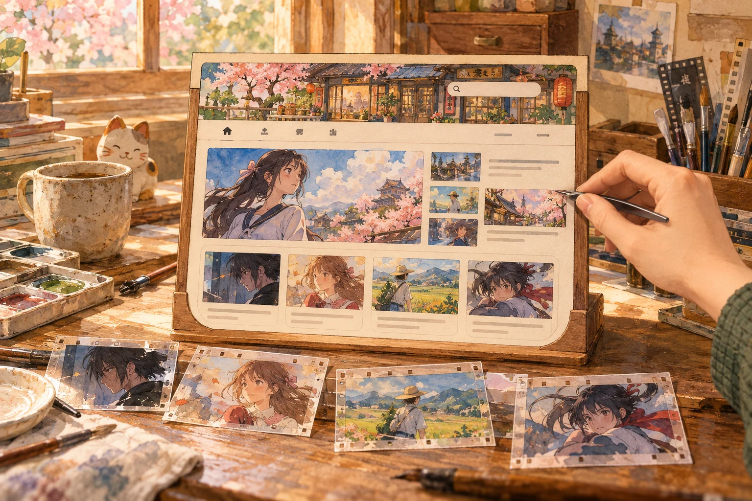 Watercolor illustration: a tiny lovingly crafted anime-cafe website display is being refined on a designer's bench, with carefully squared upper frame corners, softer lower corners and several distinct film-cel pieces ready to fit.