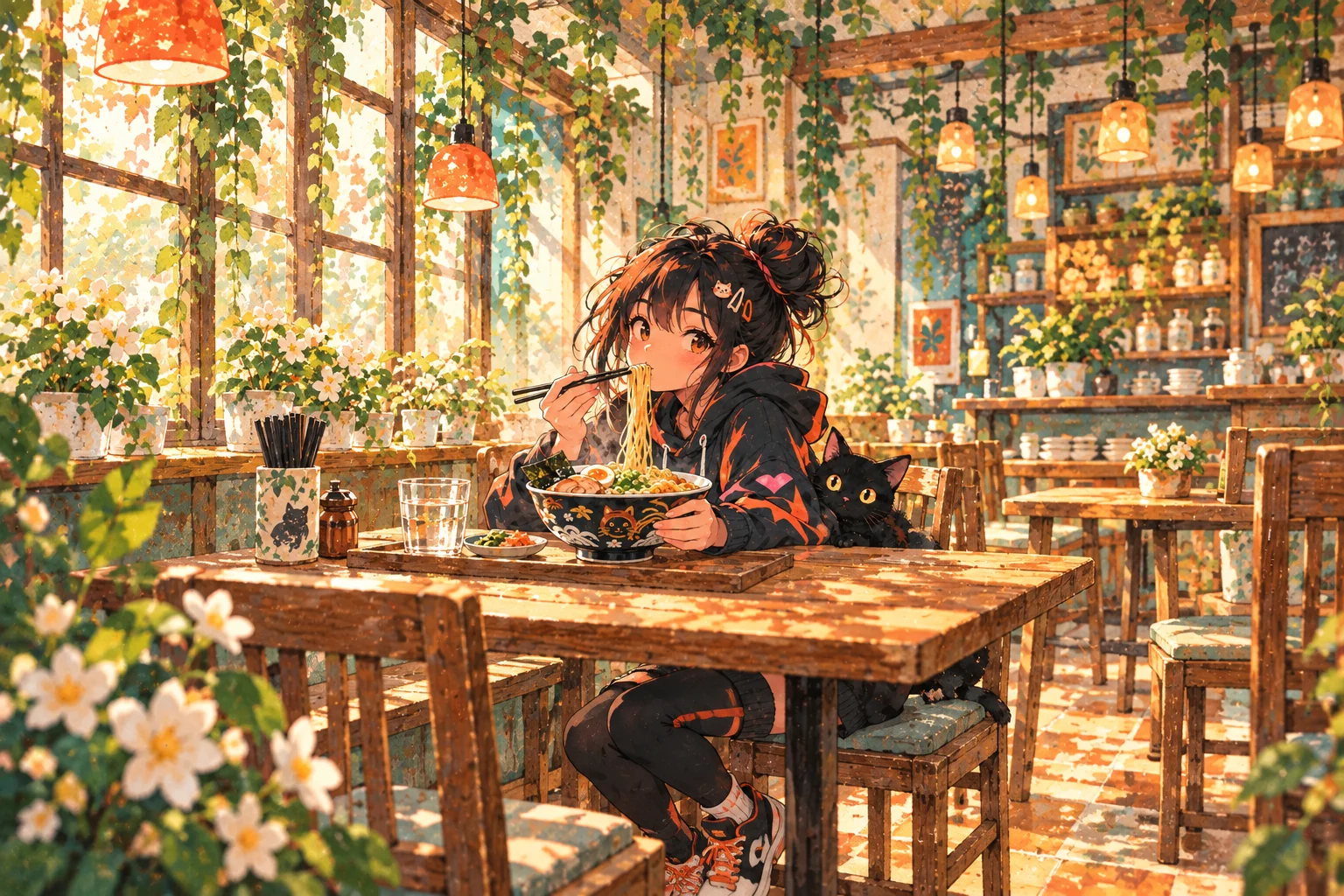 An orange-and-black-haired anime woman at a café table with a full ramen bowl and black cat, painted in warm watercolor.