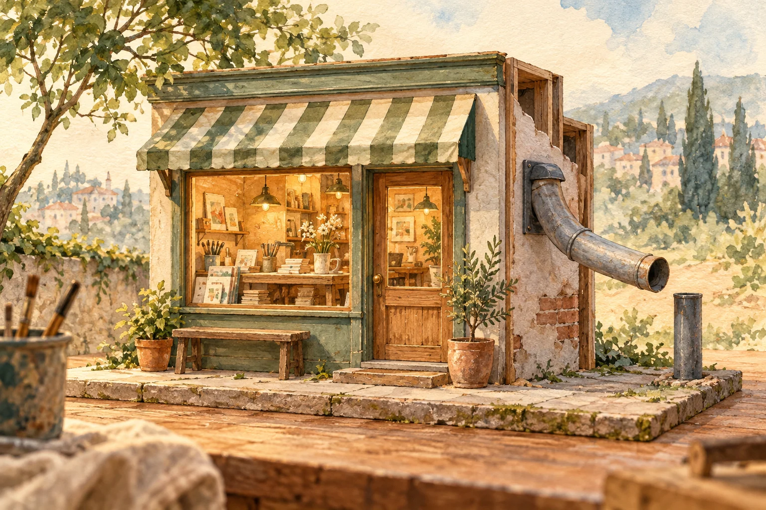 Watercolor illustration: a finely built miniature storefront looks welcoming and complete from the front, while a small unconnected mail-delivery tube is visibly unfinished at the side.