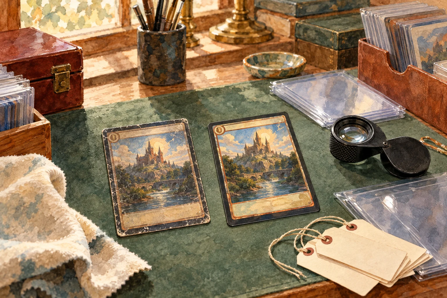 Watercolor illustration: a serious collector's worktable holds two similar fantasy trading cards with subtle differences in condition and printing, an inspection loupe, protective sleeves and blank provenance tags awaiting evidence.